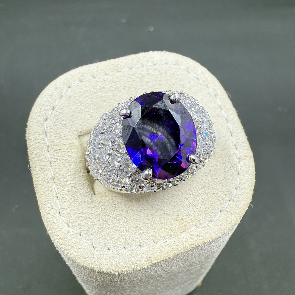 Vintage Sterling Silver 925 Ring Amethyst CZ Pave Stones Size 7 8.67g